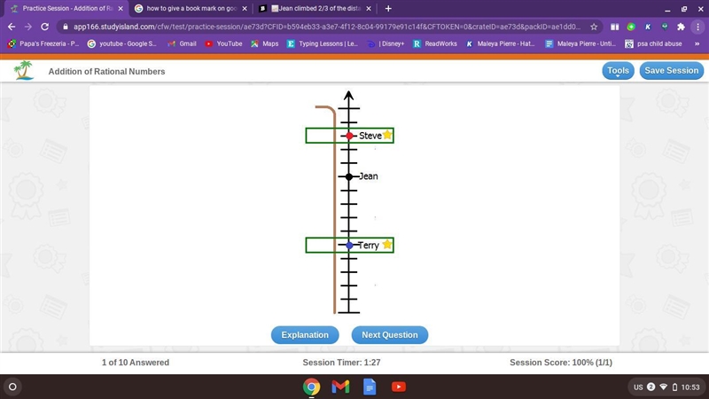 Jean climbed 2/3 of the distance to the top of the cliff as shown on the number line-example-1