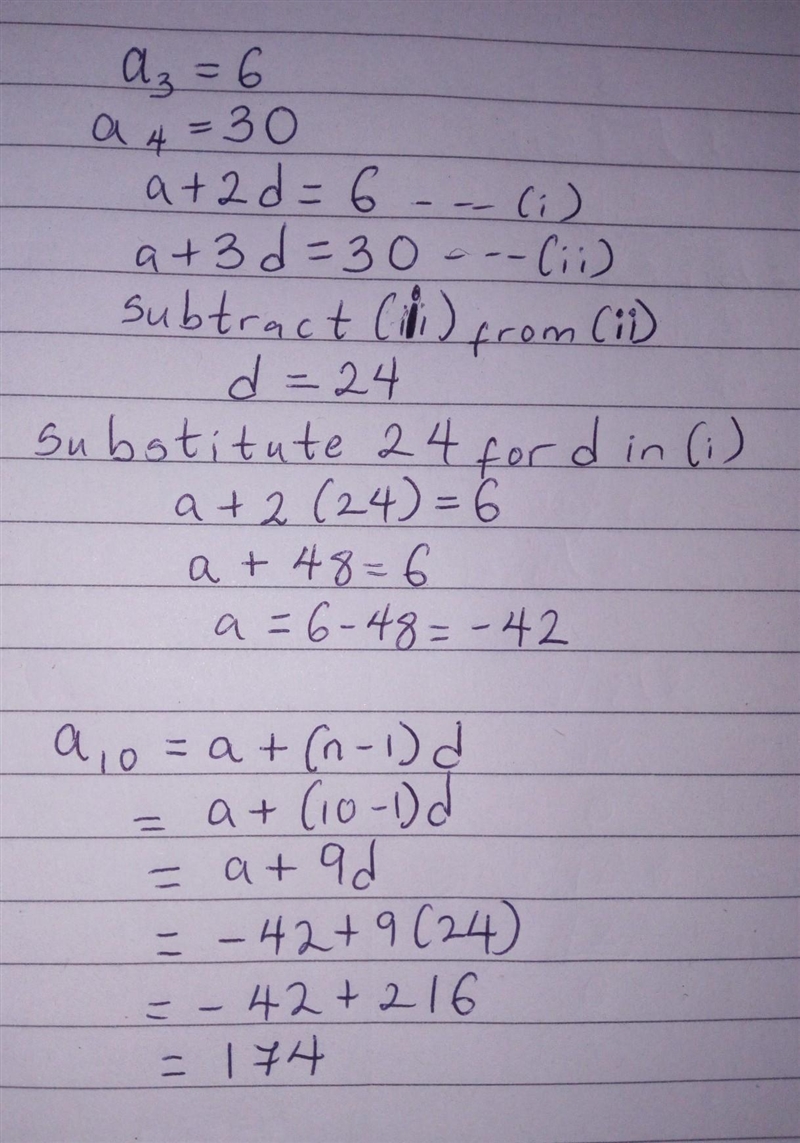 The 3rd and the 4th terms of an arithmetic progression are 6and30 respectively determine-example-1