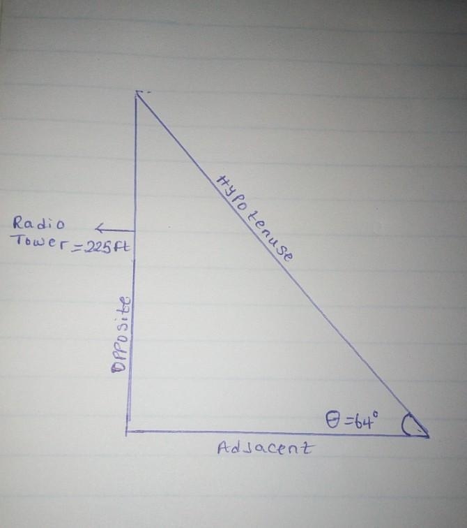 A support wire extends from the top of a 225 feet radio tower to the ground and makes-example-1