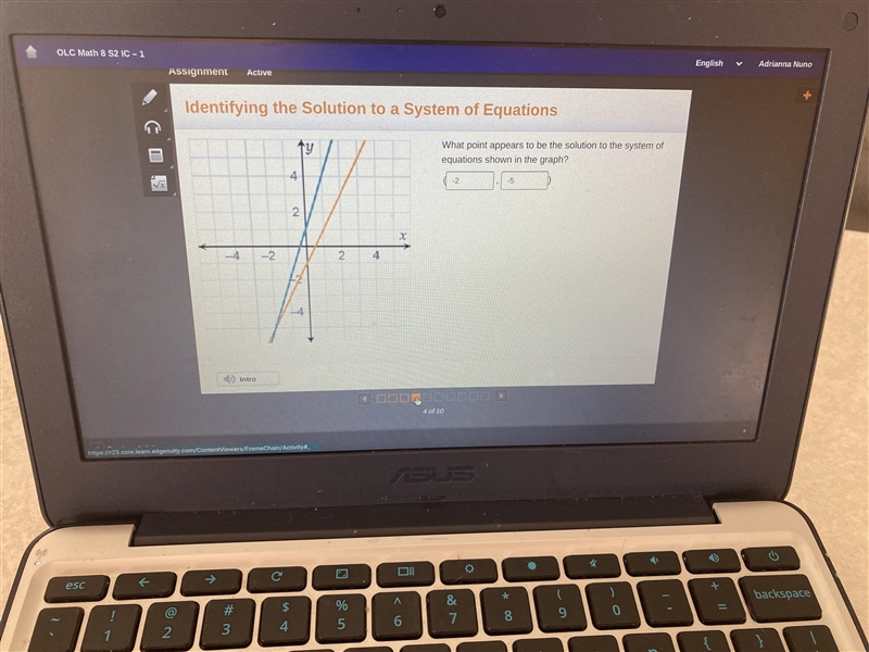 What point appears to be the solution to the system of equations shown in the graph-example-1