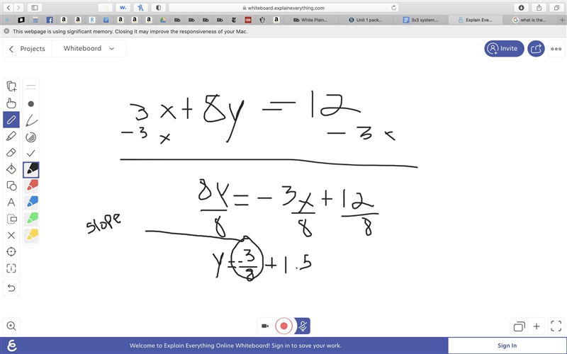 What is the slope of the line represented by this equation? 3x + 8y = 12-example-1