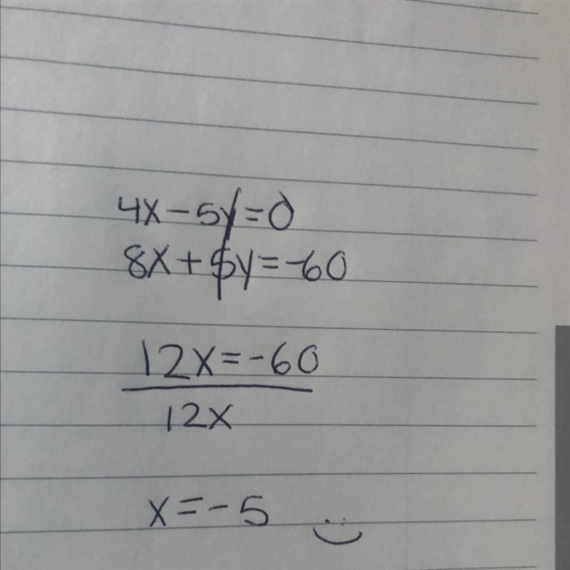 4x-5y=0 8x+5y=-60 what is the answer by substitution or elimination?-example-1