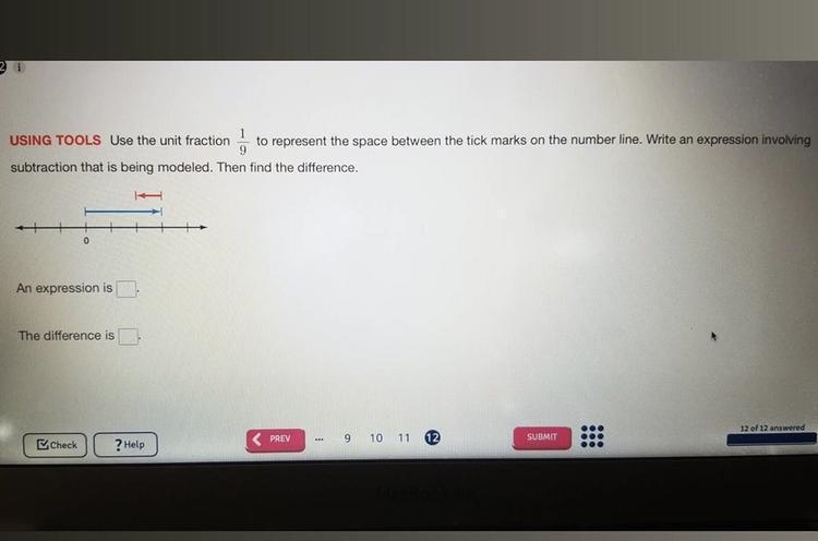 Use the unit fraction 1/9 to represent the space between the tick marks on the number-example-1