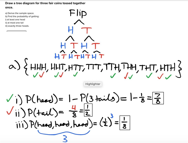 Draw a tree diagram for three fair coins tossed together once. a) Derive the sample-example-1