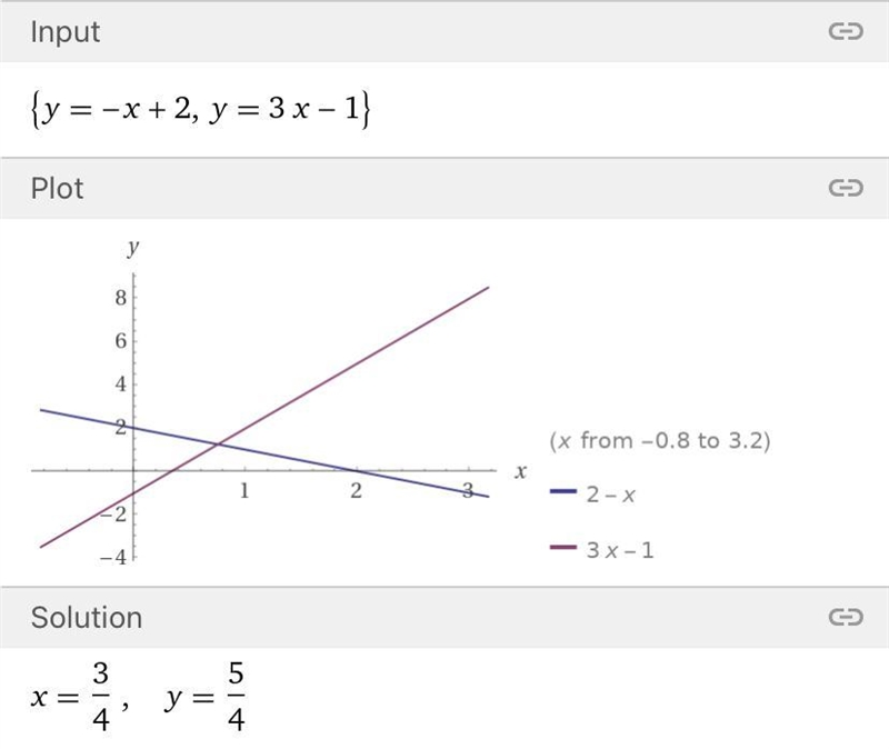 What is the solution of the system? Use a graph. y = –x + 2 y = 3x – 1-example-1