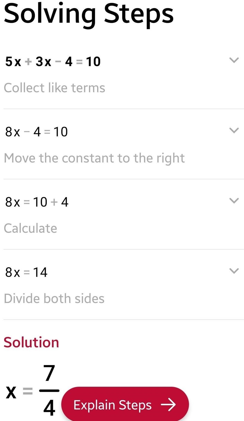 How many solutions does the equation 5x + 3x - 4 = 10 have? A. Zero B. One C. Two-example-1