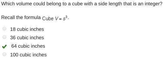 REPLY ASAP !!!! The volume of a cube is 64 cubic inches. Which expression represents-example-1