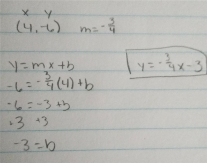 A line passes through the HELP ME PLEASE point (4, -6) and has a slope of -3/4. Which-example-1