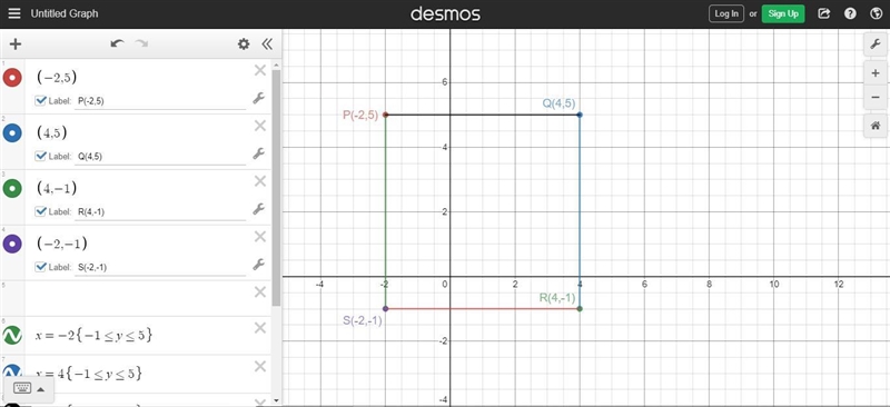 Rectangle PQRS has vertices at P-2,5), Q44,5), R(4, -1), and S(-2,-1). What is the-example-1