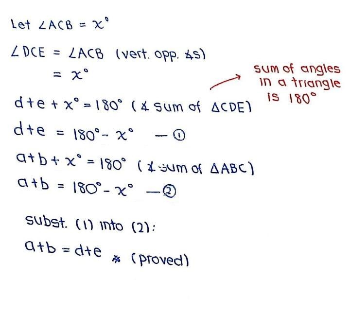 In the figure, AE and BD intersect at C. Prove that a + b = d + e.​-example-1