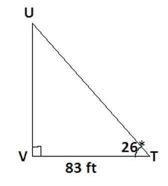 In ΔTUV, the measure of ∠V=90°, the measure of ∠T=26°, and VT = 83 feet. Find the-example-1