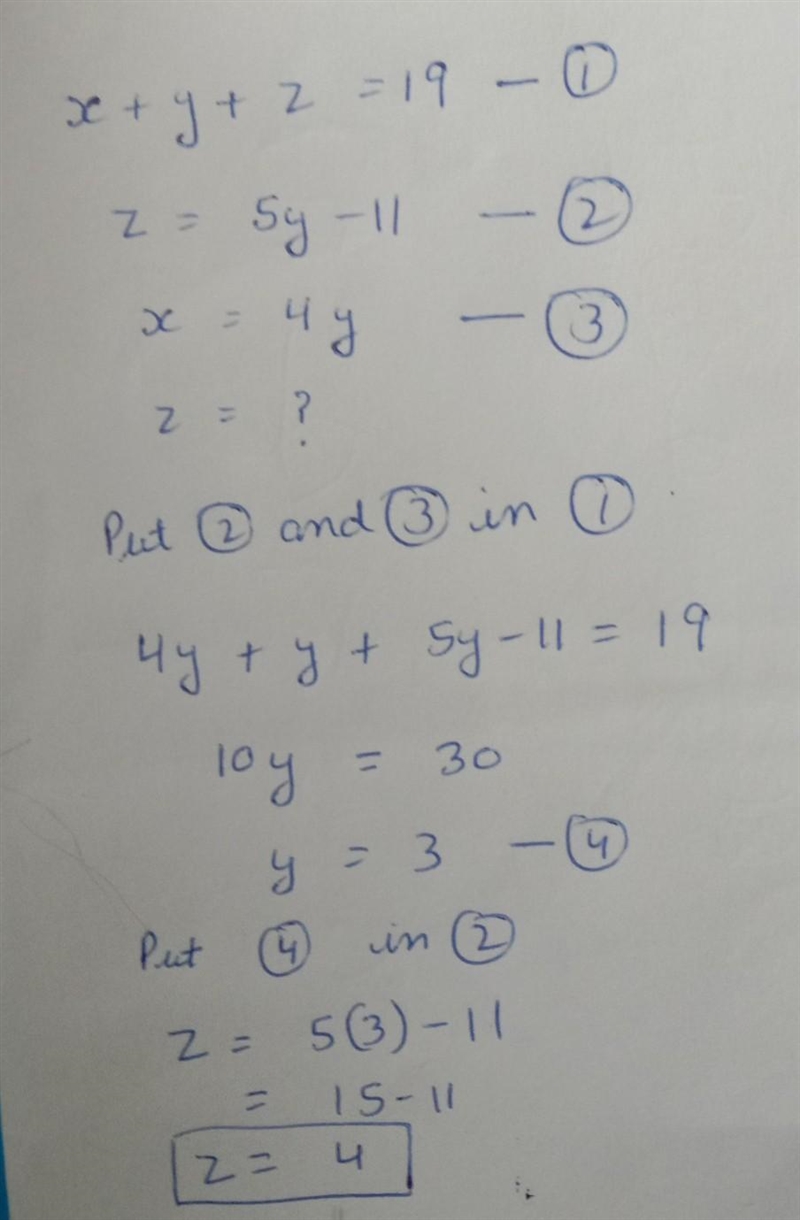 The sum of three numbers is 19. The third number is eleven less than five times the-example-1