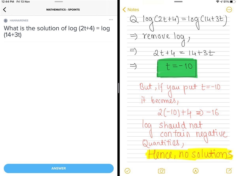 What is the solution of log (2t+4) = log (14+3t)-example-1