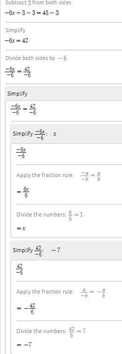 What is the value of x makes this equation true? -6x+3=45-example-1