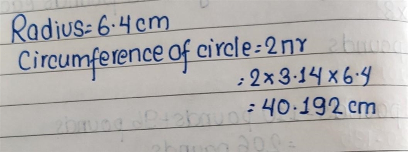 What is the circumference of the circle? Use 3.14 for . r = 6.4 cm © 20.096 cm 040.192 cm-example-1