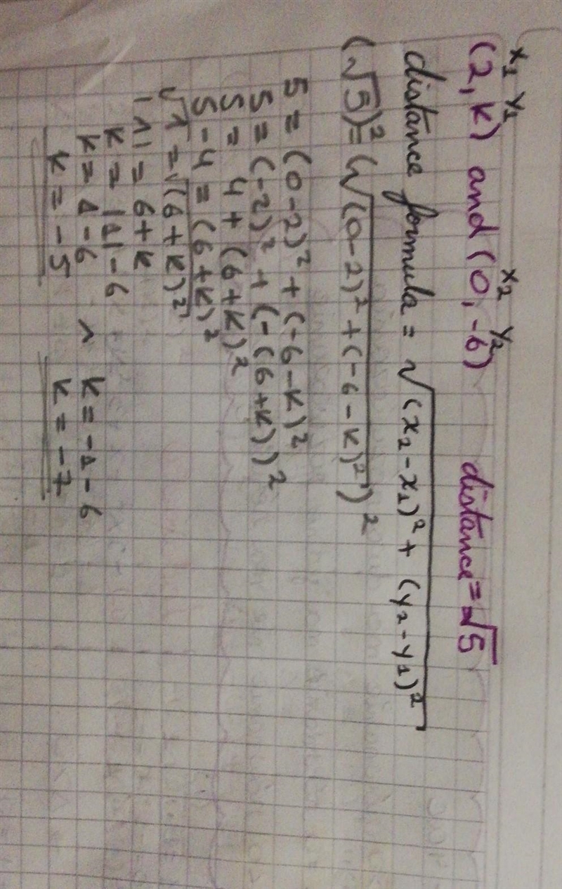 Given the points (2, k) and (0, -6), for which values of k would the distance between-example-1