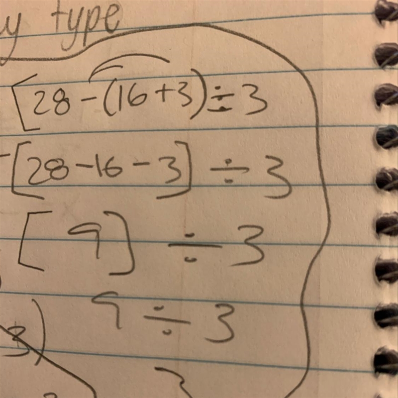 [ 28 - (16 + 3) ] ÷ 3-example-1