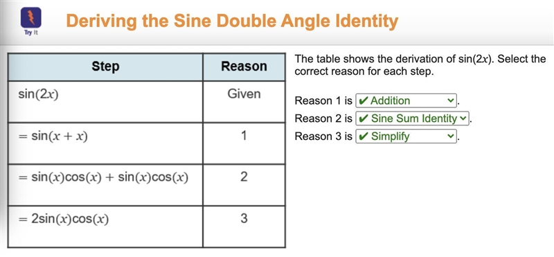 The table shows the derivation of cos(2x). Select the correct reason for each step-example-1