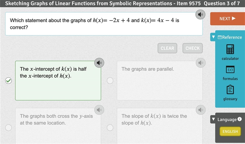 Which statement about the graphs of h(x)=−2x+4 and k(x)=4x−4 is correct? A: The x-example-1