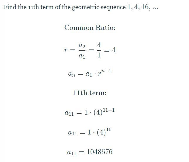 Find the 11th term of the geometric sequence 1, 4, 16, ...-example-1