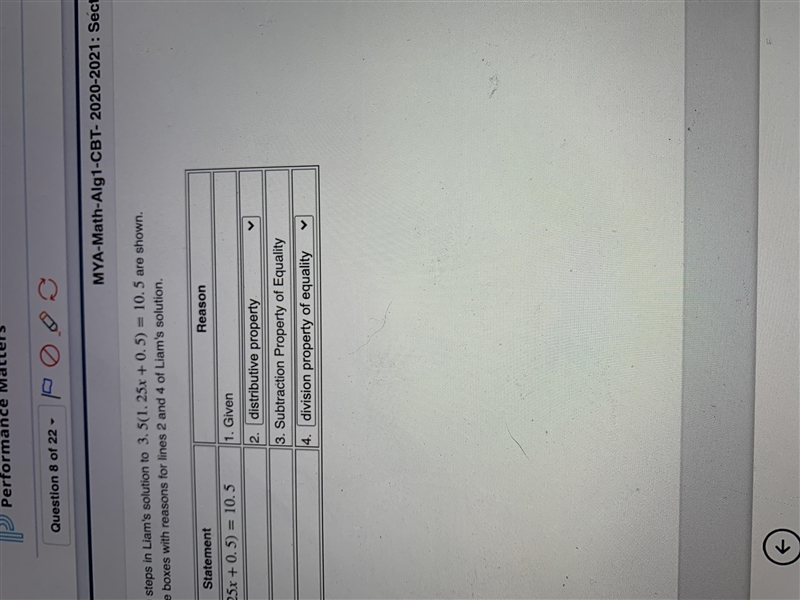 Some of the steps in Liam's solution to 3.5(1.25x+0.5)=10.5 are shown. Complete the-example-1