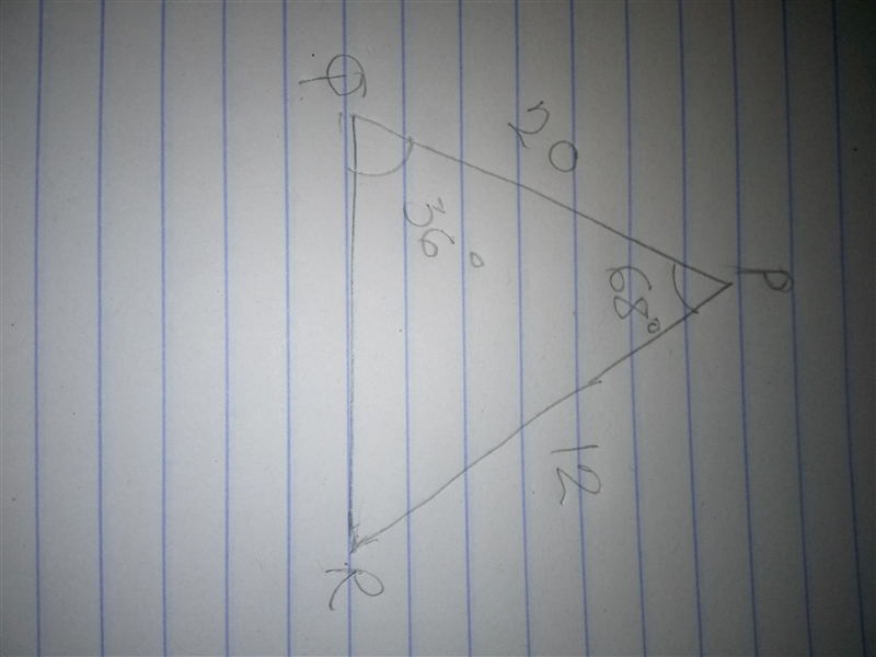 Triangle P Q R is shown. The length of P Q is 20 and the length of P R is 12. Angle-example-1