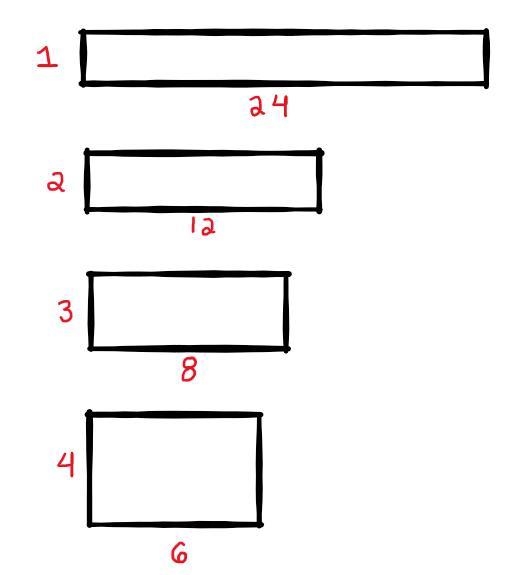 If you have 24 square tiles, how many different rectangles can you make? Each rectangle-example-1