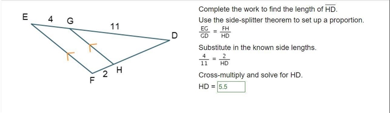 Triangle F E D is cut by line segment H G. Line segment H G goes from side F D to-example-1