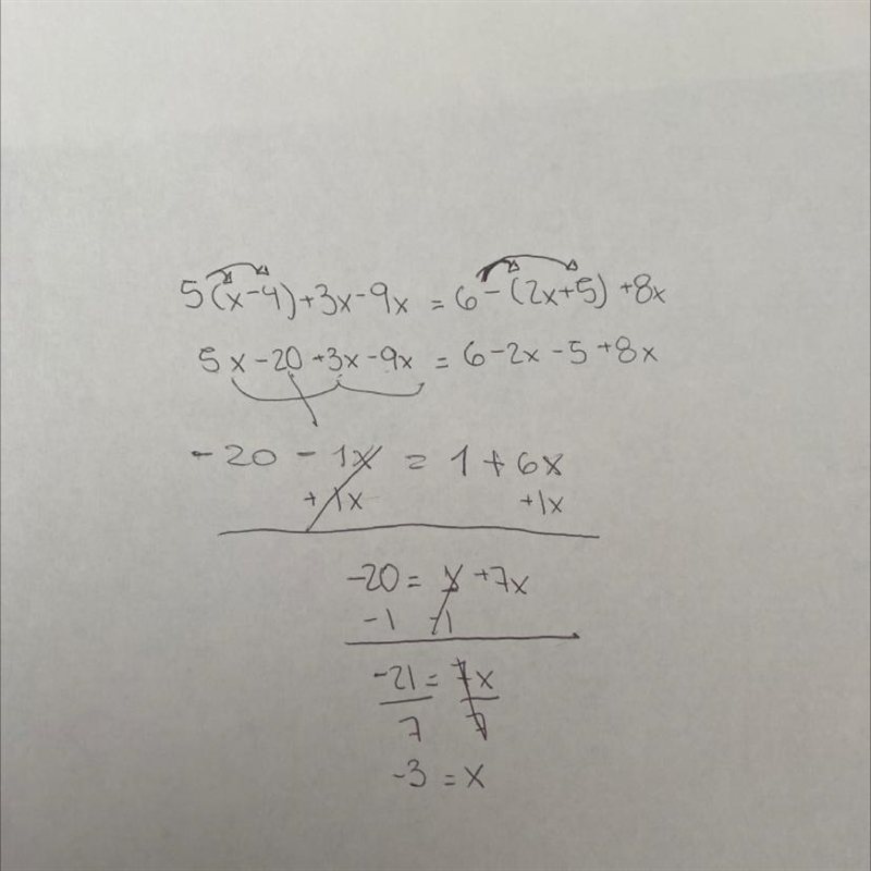 5(x-4)+3x-9x=6-(2x+5)+8x It says to use the distibutive property so what do I do-example-1