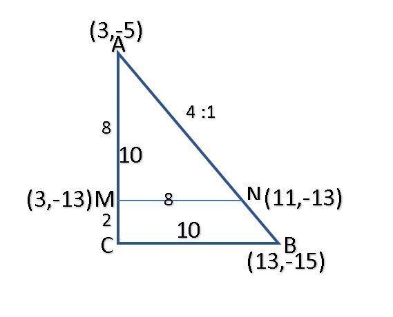 Locate the point of the line segment between A (3, -5) and B (13, -15) given that-example-1