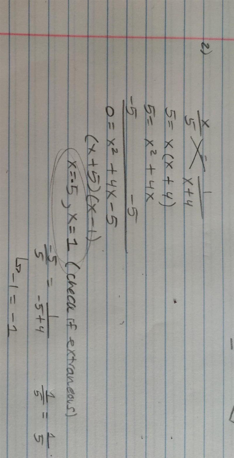 X/5=1/(x+4) solve for x-example-1