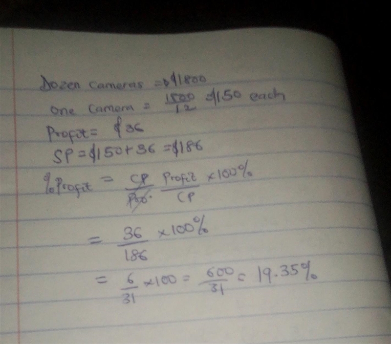 a man buys a dozen cameras for $1800.He sells them at a profit of $36 each.Express-example-1