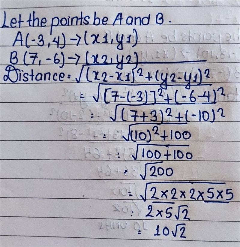 Use the distance formula to find the distance between A(-3,4) and B(7, -6). Round-example-1