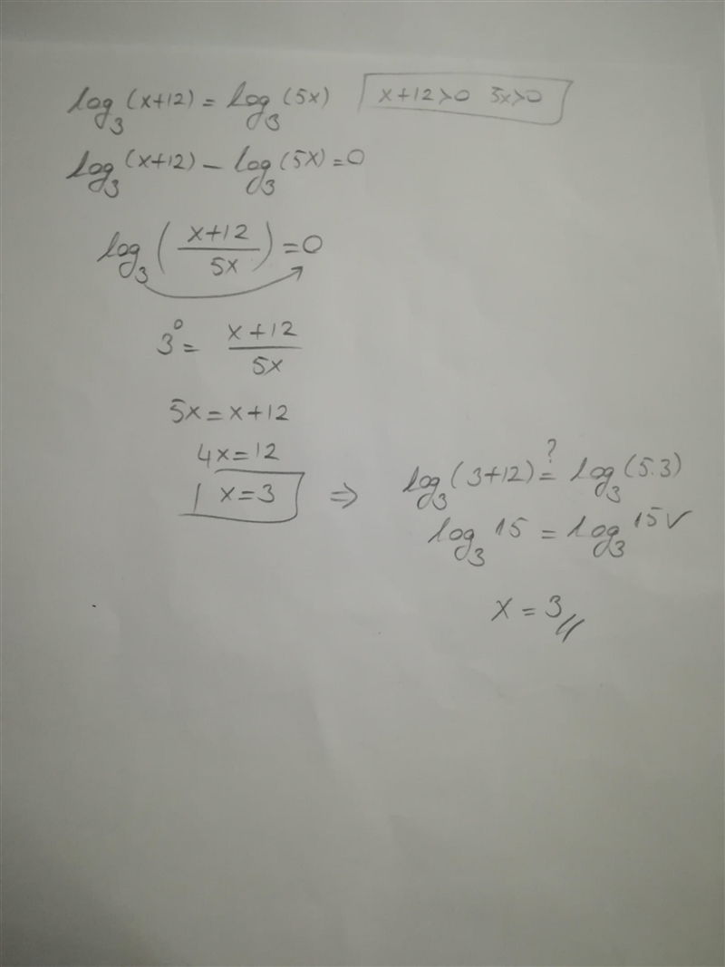 What is the solution to log Subscript 3 Baseline (x + 12) = log Subscript 3 Baseline-example-1