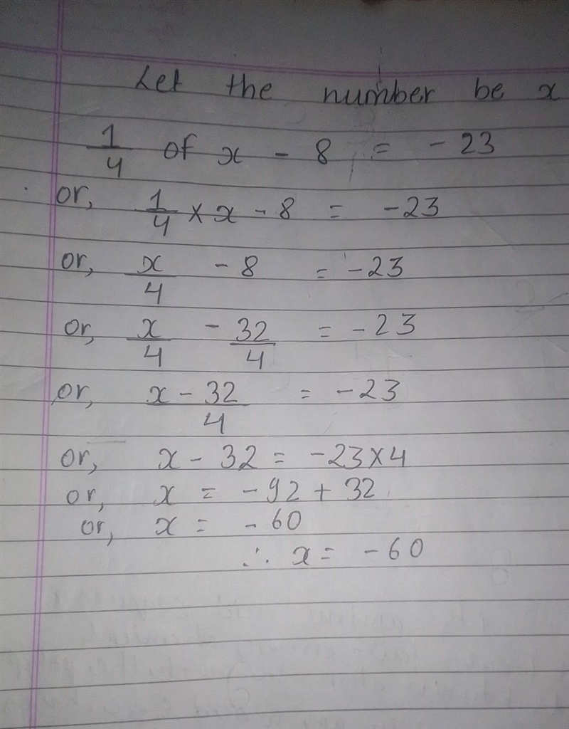 1/4 of a number minus 8 is -23-example-1