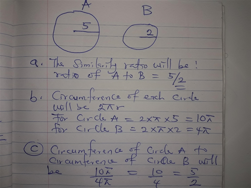 Circle A and circle B are similar. A. What is the similarity ratio of circle A to-example-1