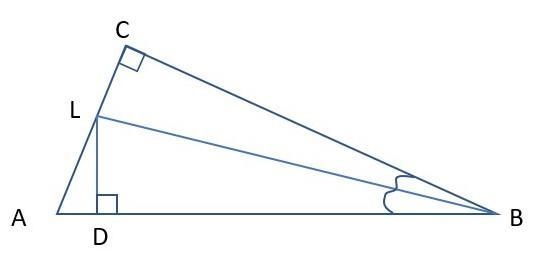 In the right ∆ABC, BL is an angle bisector. If LB = 1.2 in and LC = 0.6 in. Find the-example-1