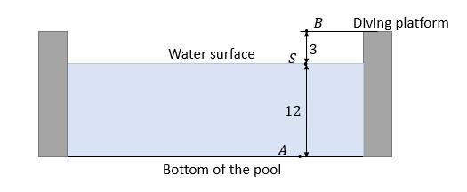 joel and todd are at a pool. Joel dives in and touches the bottom of the pool, 12 feet-example-1