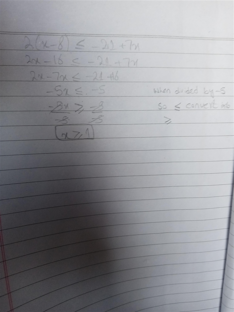 List three other possible answers: 2(x-8) ≤ -21 + 7x-example-1