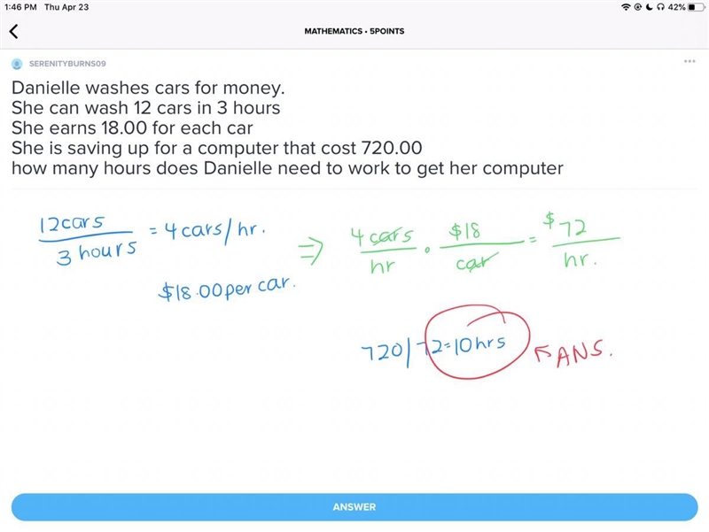 Danielle washes cars for money. She can wash 12 cars in 3 hours She earns 18.00 for-example-1