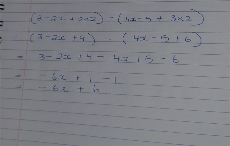 Review: Find the difference. (3- 2x + 2x2) - (4x -5 +3x2)-example-1