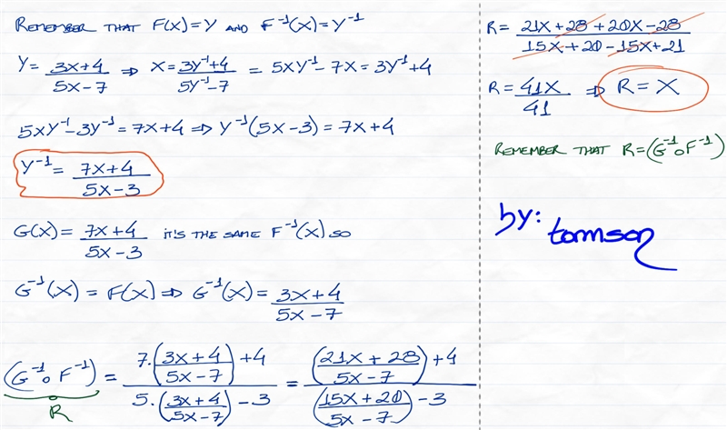 Given that f(x)=(3x+4)/(5x-7) \\ g(x)=(7x+4)/(5x-3) . Determine (g^(-1)°f^(-1))and-example-2