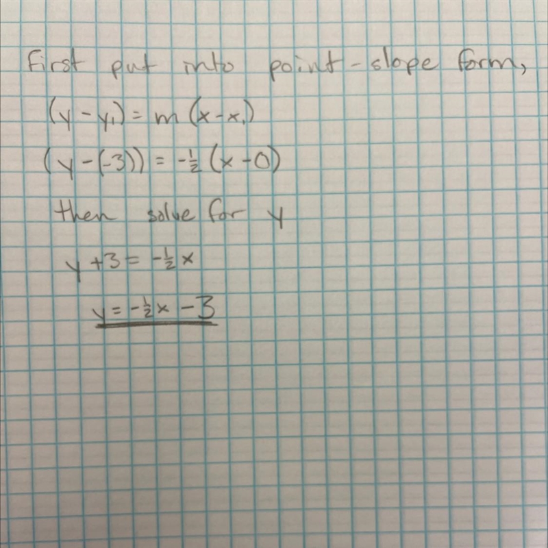 write an equation in slope intercept from for the line slpe -1/2 and y- intercept-example-1