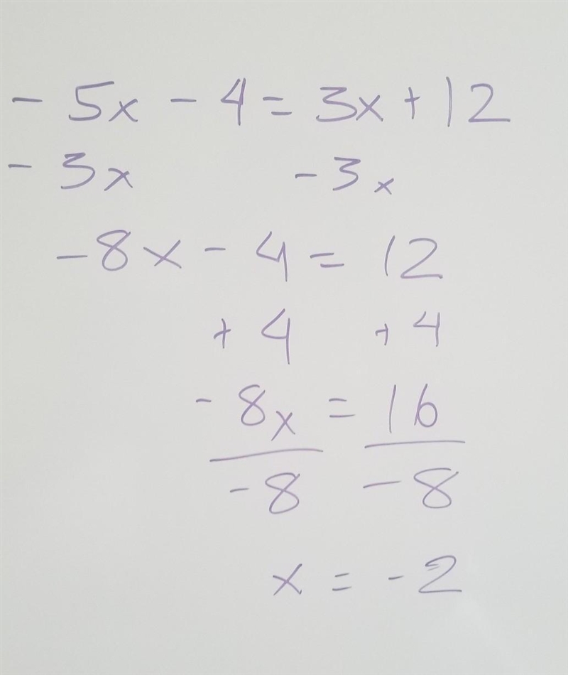 -5x - 4 = 3x + 12 what is the value of x-example-1