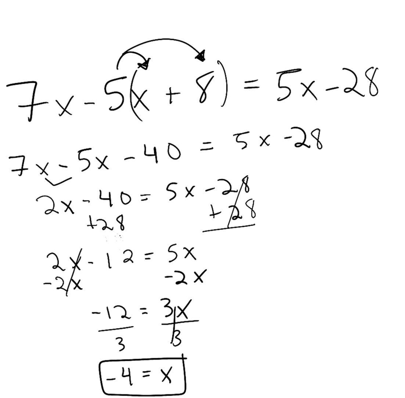 7x – 5(х + 8) = 5х – 28​ Step-by-step PLEASE!!!!-example-1