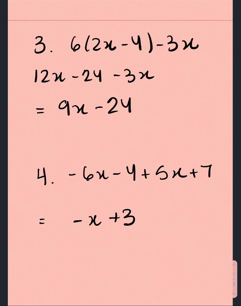 Simplify each equation. Show steps. 1. 2(x + 3) + 4x 2. 4 + 2(x – 2) – 4 3. 6(2x – 4) – 3x-example-1