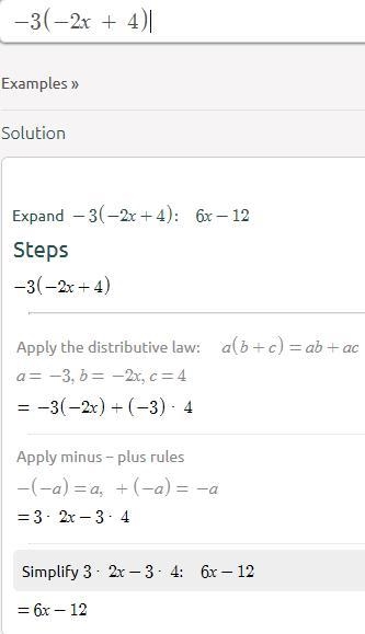 Use the Distributive Property to rewrite each expression. -3(-2x + 4) -6x + 12 6x-example-1