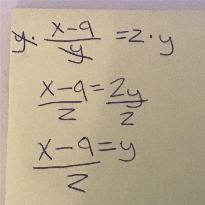 Solve x − 9/y= z for y.-example-1