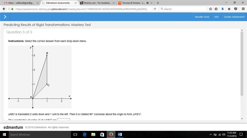 ∆ABC is translated 2 units down and 1 unit to the left. Then it is rotated 90° clockwise-example-1