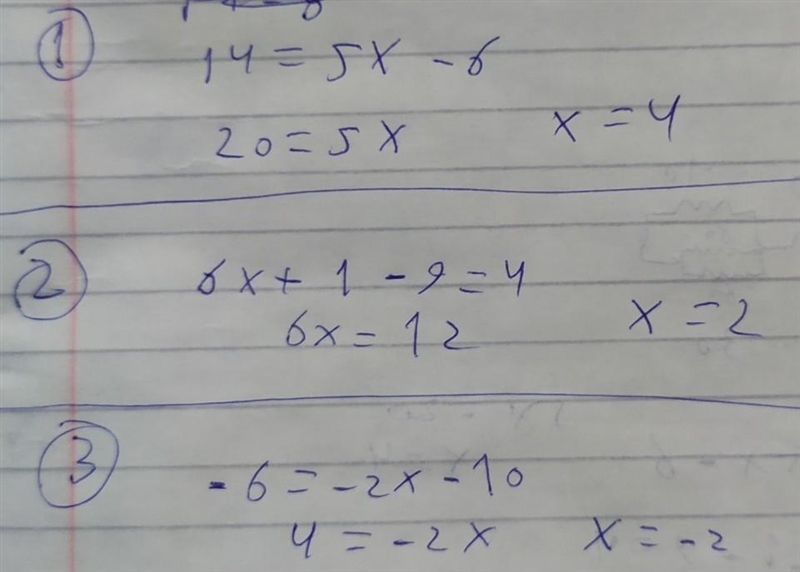 14=8x-3x-6 1/4(24x+4)-9=4 -6=-2(x+5) Please help i know i can solve it but i need-example-1